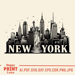 May include: Black and white illustration of the New York City skyline, featuring the Statue of Liberty and iconic skyscrapers. The word "NEW YORK" is prominently displayed at the bottom. The image includes the text "Happy Print Lane".