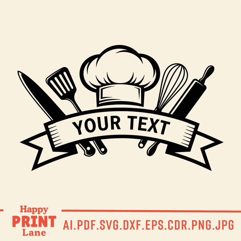May include: Black and white illustration of a chef's hat, knife, spatula, whisk, and rolling pin. The words "YOUR TEXT" are displayed on a banner. The words "Happy Print Lane" are at the bottom.