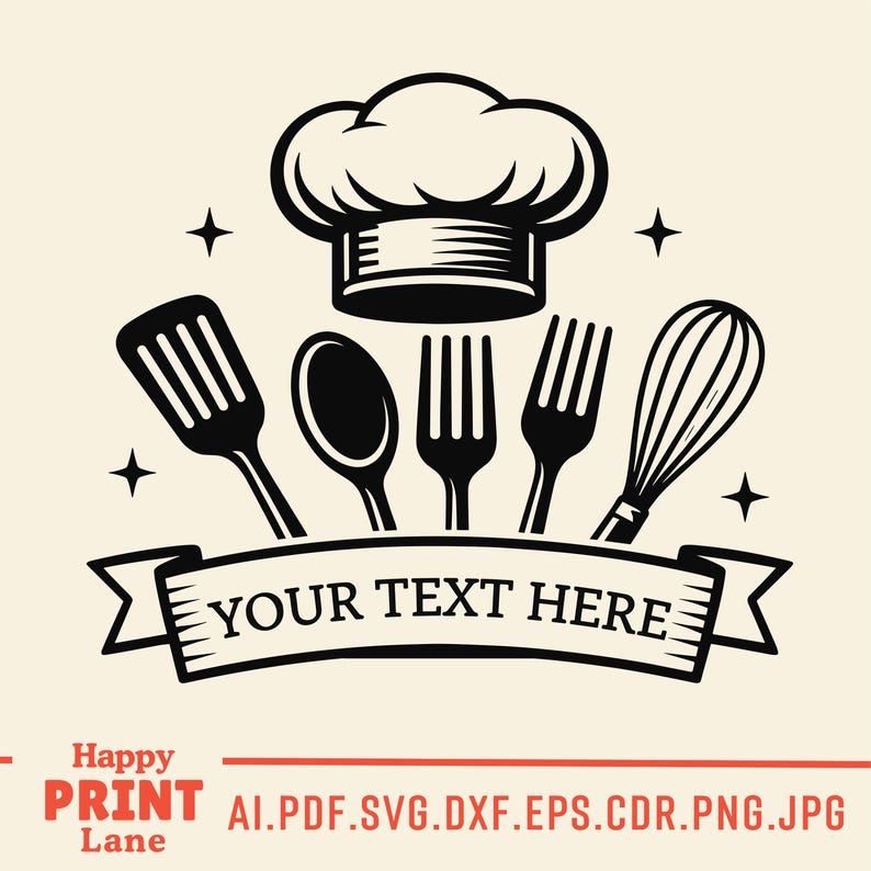 May include: Black and white illustration of a chef's hat, spatula, spoon, forks, and whisk. A banner below reads "YOUR TEXT HERE". The image has a cream-colored background with four star accents.