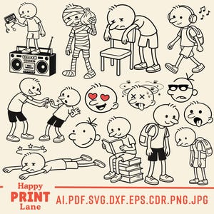 May include: Black and white cartoon illustrations of a boy in various poses and expressions. Some illustrations include a boombox, headphones, a backpack, and a mummy costume. The words "Happy Print Lane" are at the bottom.