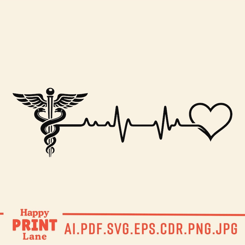 May include: Black graphic of a medical caduceus symbol with a heartbeat line ending in a heart shape. The design is on a cream background. The text "Happy PRINT Lane" is at the bottom.