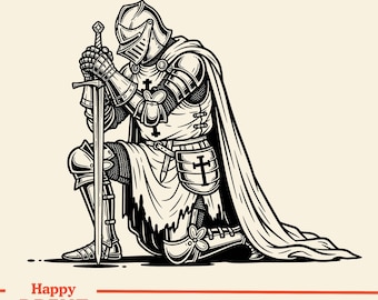 Praying Kneeling Knight Vector | Medieval Warrior Knight Silhouette SVG, PNG, JPG Clipart