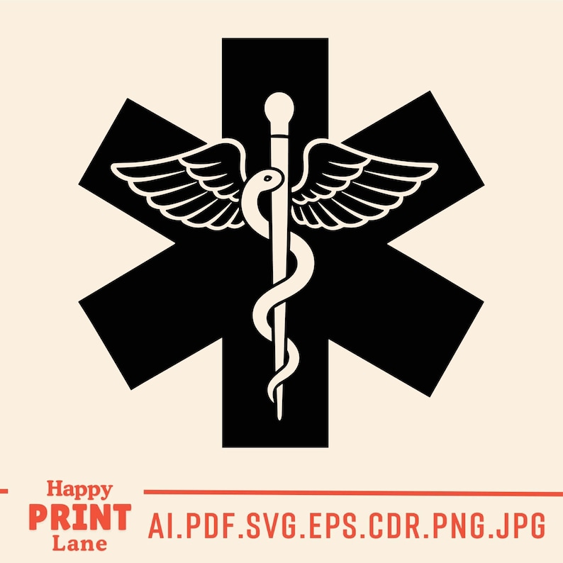 May include: A black Star of Life symbol, a medical emblem, with a white staff and serpent, wings, and a cross-shaped background. The image includes the text "Happy PRINT Lane" and file type options.