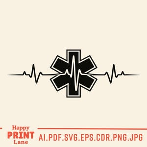 May include: Black and white Star of Life emblem with a heartbeat line. The emblem is a six-pointed star, commonly used to represent emergency medical services. The image also includes the text "Happy Print Lane" and file type options.