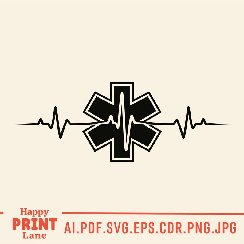 May include: Black and white Star of Life emblem with a heartbeat line. The emblem is a six-pointed star, commonly used to represent emergency medical services. The image also includes the text "Happy Print Lane" and file type options.