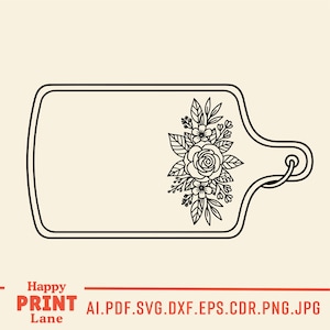 May include: A black and white floral cutting board design. The cutting board has a rectangular shape with a handle and a floral arrangement on the right side. The text "Happy Print Lane" is at the bottom.