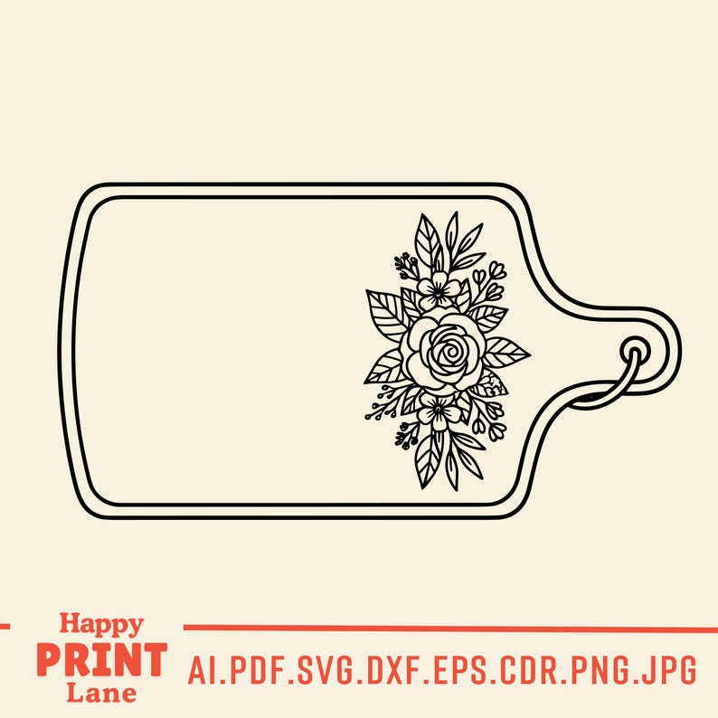 May include: A black and white floral cutting board design. The cutting board has a rectangular shape with a handle and a floral arrangement on the right side. The text "Happy Print Lane" is at the bottom.