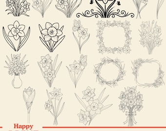 Daffodil Svg, March Birth Flower Line Art, Spring Botanical Clipart (PNG, SVG, Cut Files Digital Download)