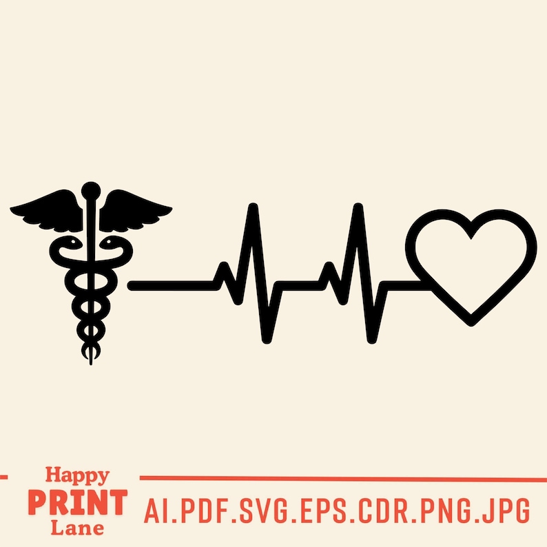 May include: Black graphic featuring a Caduceus symbol, a heartbeat line, and a heart shape. The image includes the text "Happy PRINT Lane" and file type information.