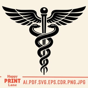May include: Black Caduceus symbol with two snakes entwined around a staff, topped with wings. The image is a vector graphic, commonly associated with medicine and healthcare. The text "Happy PRINT Lane" and file type extensions are at the bottom.