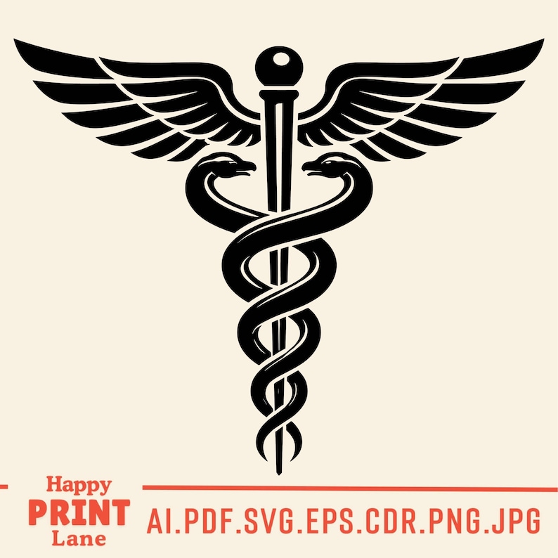 May include: Black Caduceus symbol with two snakes entwined around a staff, topped with wings. The image is a vector graphic, commonly associated with medicine and healthcare. The text "Happy PRINT Lane" and file type extensions are at the bottom.