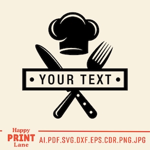 May include: Black and white chef-themed logo with a chef's hat, fork, and crossed knives. A rectangular banner displays the text "YOUR TEXT" between two black dots. The logo is set against a cream background.