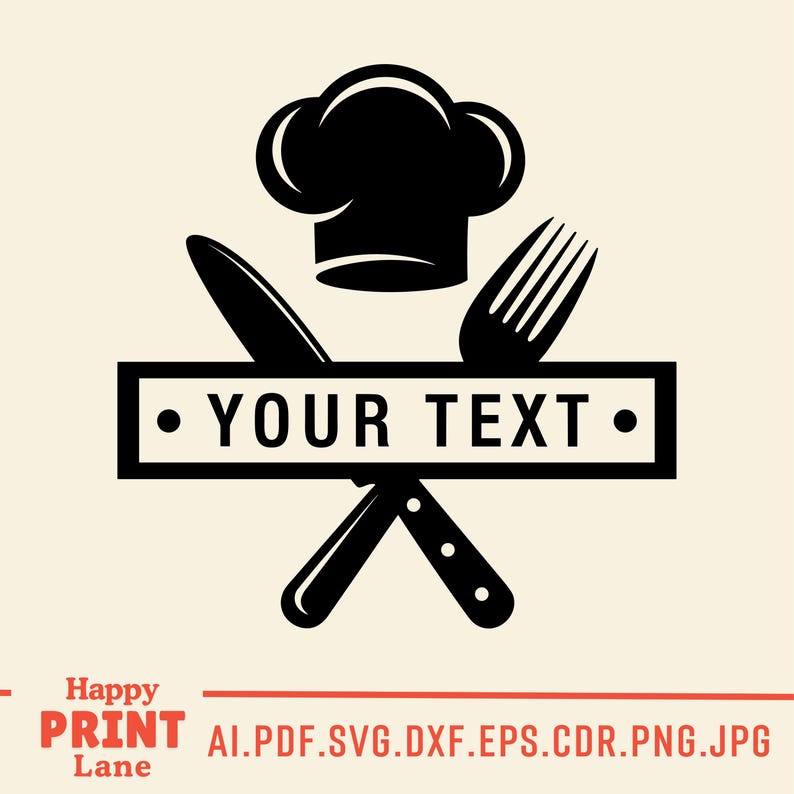 May include: Black and white chef-themed logo with a chef's hat, fork, and crossed knives. A rectangular banner displays the text "YOUR TEXT" between two black dots. The logo is set against a cream background.