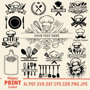 May include: A collection of black and white chef-themed illustrations. The designs include chef hats, kitchen utensils, and banners with the text "YOUR TEXT HERE". The image also features the text "Happy PRINT Lane" and file type extensions.