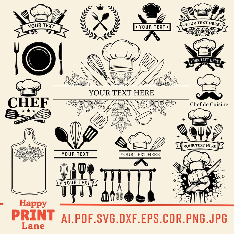 May include: A collection of black and white chef-themed illustrations. The designs include chef hats, kitchen utensils, and banners with the text "YOUR TEXT HERE". The image also features the text "Happy PRINT Lane" and file type extensions.