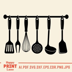 May include: Black kitchen utensils hanging on a black rod. The set includes a spatula, fork, whisk, slotted spoon, ladle, and another spatula. The image has the text "Happy Print Lane" and file type options.