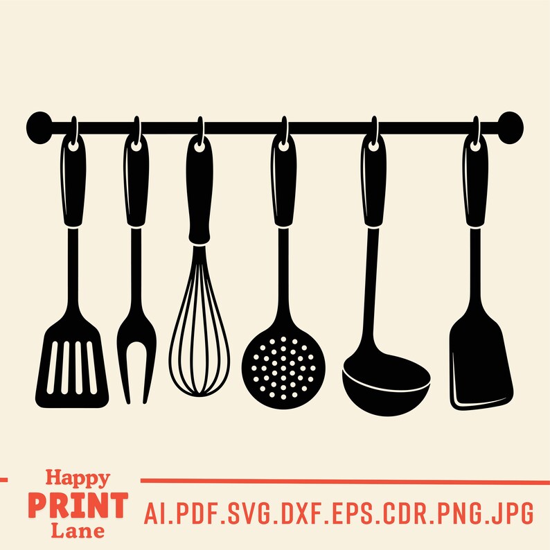 May include: Black kitchen utensils hanging on a black rod. The set includes a spatula, fork, whisk, slotted spoon, ladle, and another spatula. The image has the text "Happy Print Lane" and file type options.