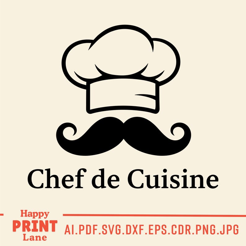 May include: A black and white logo featuring a chef's hat and a large mustache. Below the image is the text "Chef de Cuisine" in a bold, black font. The logo is on a cream-colored background.