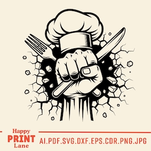May include: Black and white illustration of a chef's hand breaking through a wall, holding a knife and fork. The chef wears a tall white hat. The image includes the text "Happy Print Lane" and file type options.