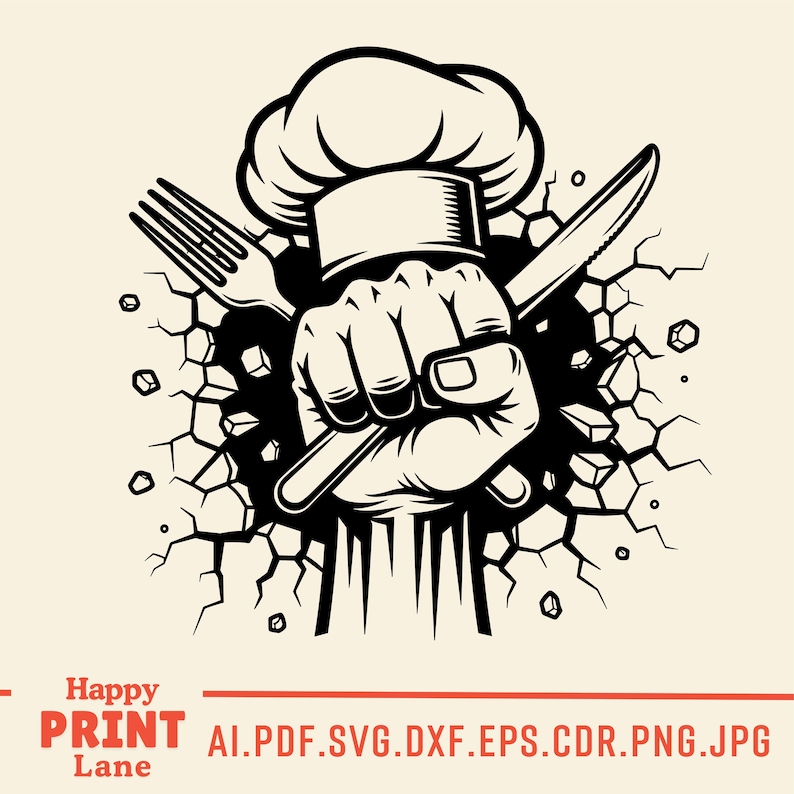 May include: Black and white illustration of a chef's hand breaking through a wall, holding a knife and fork. The chef wears a tall white hat. The image includes the text "Happy Print Lane" and file type options.
