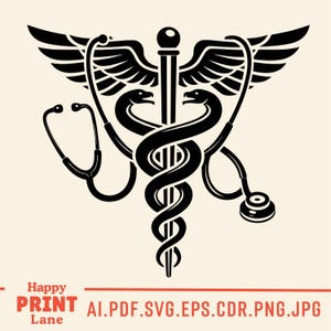 May include: Black and white medical symbol featuring a staff entwined by two snakes, topped with wings, and flanked by a stethoscope on each side. The text "Happy Print Lane" and file type options are at the bottom.