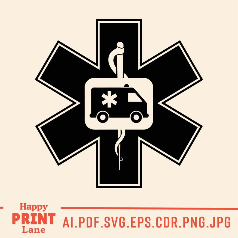 May include: Black and white Star of Life medical symbol with an ambulance graphic in the center. The image includes the text "Happy PRINT Lane" and file type options.