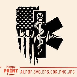 May include: A black and white graphic design featuring an American flag with a distressed effect, a medical symbol, and a heartbeat line. A staff with a snake is in the center. The text "Happy Print Lane" is at the bottom.