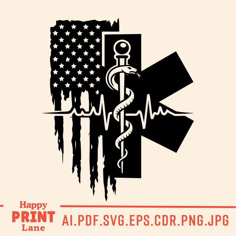 May include: A black and white graphic design featuring an American flag with a distressed effect, a medical symbol, and a heartbeat line. A staff with a snake is in the center. The text "Happy Print Lane" is at the bottom.