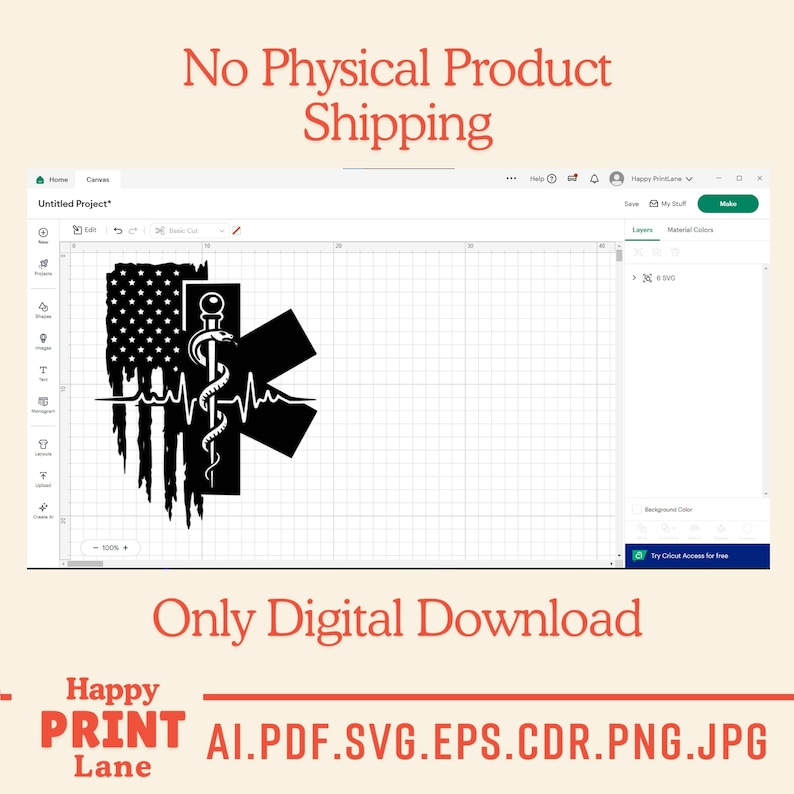 May include: A digital design featuring a black and white graphic of an American flag, a medical symbol, and a heartbeat line. The design is displayed on a computer screen with the text "No Physical Product Shipping" and "Only Digital Download".