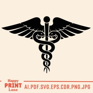 May include: Black Caduceus symbol with two snakes entwined around a staff, topped with wings. The image includes the text "Happy PRINT Lane" and file type options: AI.PDF.SVG.EPS.CDR.PNG.JPG.