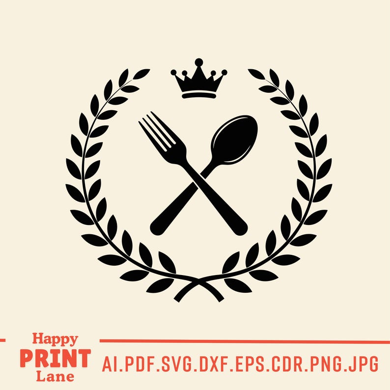 May include: Black and white graphic of a fork and spoon crossed within a laurel wreath, topped with a crown. The words "Happy Print Lane" and file type options are at the bottom.