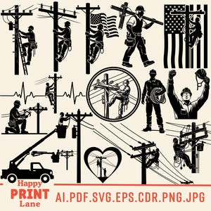 Puede incluir: Una colección de ilustraciones en blanco y negro que representan varias escenas de linieros eléctricos en el trabajo. Las imágenes incluyen linieros subiendo postes, trabajando en líneas eléctricas y llevando herramientas. Algunas imágenes presentan la bandera estadounidense.