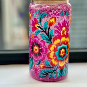 Pink Flowers Glitter Snowglobe Tumbler