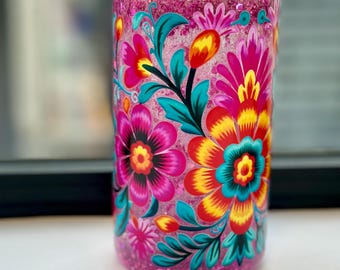 Pink Flowers Glitter Snowglobe Tumbler
