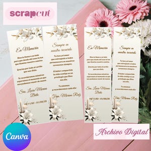 May include: Four memorial bookmarks with floral designs and text in Spanish. Each bookmark features a white floral arrangement, candles, and the phrases "En Memoria" and "Siempre en nuestro recuerdo." The image also includes the words "scrapcut," "Canva," and "Archivo Digital."