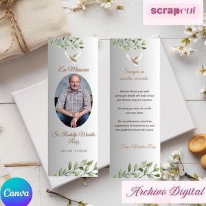 Plantilla marcador de páginas, recuerdo funerario de doble cara en Canva, Aniversario luctuoso, editable, medidas 2 x 7 in y 2.5 x 7 in