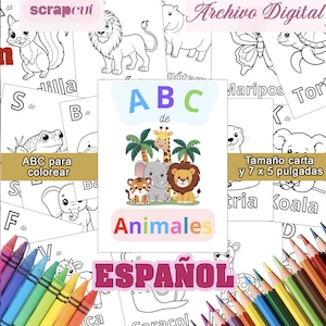Libro para colorear abecedario en ESPAÑOL, Baby Shower, fiesta bebes y niños, Archivo pdf, tamaño carta y 5 x 7 in.