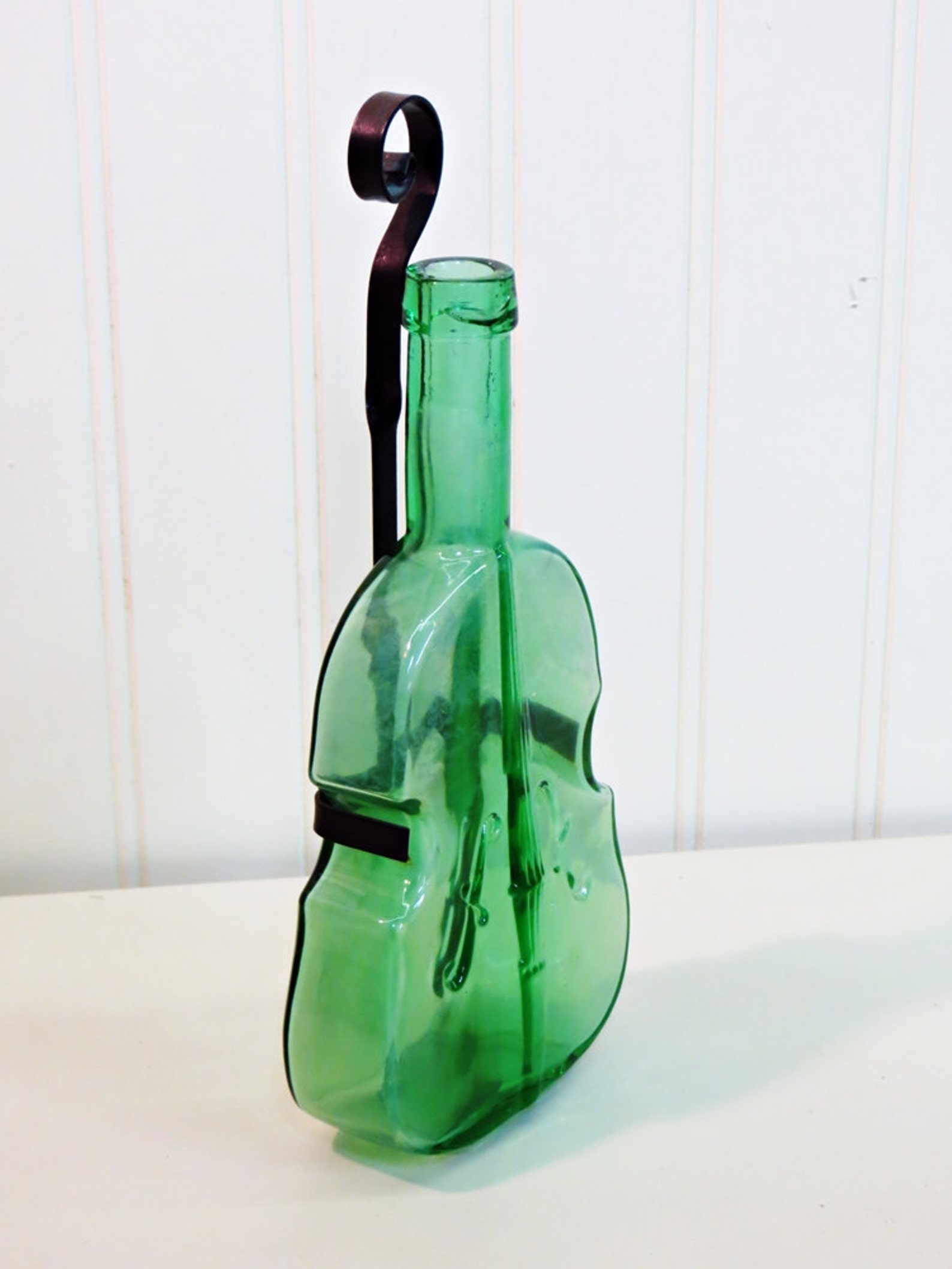 Green Glass Fiddle Violin Bottle with Wall Hangar Etsy