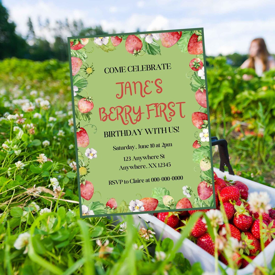 Berry First Birthday Invitation Template Strawberry Theme Birthday