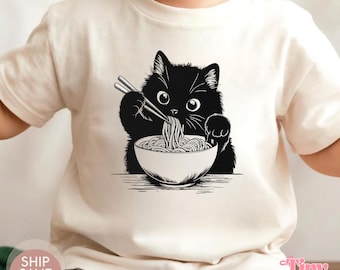 Noodle Cat Kids T-Shirt Funny Ramen Kitten Toddler Cat Shirt Bodysuit Tee