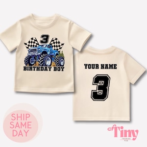 Chemise d'anniversaire personnalisée de Monster Truck, nom personnalisé de Monster Truck et chemise d'âge pour l'anniversaire, t-shirt de course, cadeaux personnalisés pour enfants, t-shirt pour tout-petit garçon