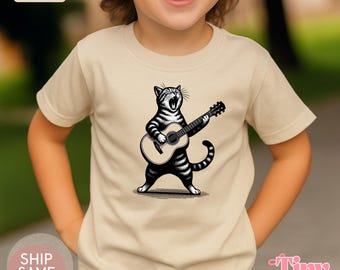 Funny Cat Playing Guitar Kids T-Shirt | Retro Animal Tee