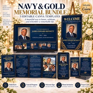 Ensemble commémoratif Navy Gold, 5 modèles Canva modifiables (téléchargement numérique)