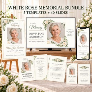 Puede incluir: Un paquete conmemorativo White Rose que incluye 5 plantillas y 40 diapositivas. El conjunto presenta un póster grande, una pantalla de televisión, un teléfono inteligente y varias tarjetas impresas con diseños florales y textos de recuerdo.