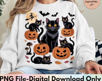 Spooky Halloween Cat PNG: Retro Black Cat Clipart (Digital Download 2000x2000 px)