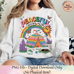 Peaceful Vibes Only PNG | Retro Boho Aesthetic Sublimation Design | Hippie Quote Digital Download | Groovy Graphic Tee Print