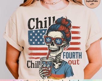 Chill Fourth Out Skeleton PNG, Patriotic Skull Iced Drink Sublimation, 4th of July Summer Skeleton Digital Download, Funny USA Retro Graphic