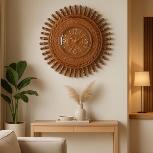 Large Rustic Silent Wooden Wall Clock – Farmhouse Style Handmade Non ...