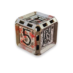 May include: A six-sided die with a metallic finish, featuring a weathered texture with red blood-like splatters. One face displays the number 5, another shows the text PLAY ON, and a third depicts a sword icon. The edges have a grid-like pattern.