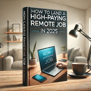 May include: Book cover with the title "How to Land a High-Paying Remote Job in 2025". The cover features a laptop with the text "ROM A REMOTE JOB" on the screen.